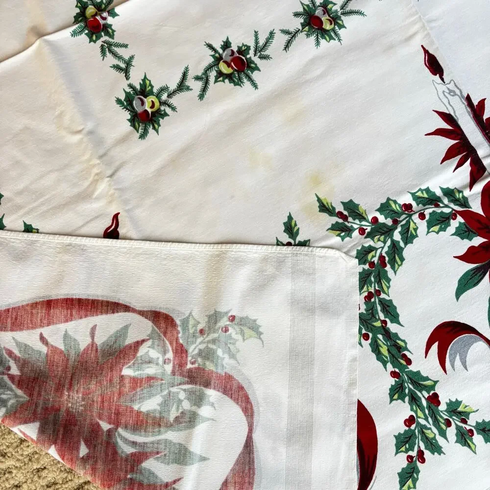 Vintage Christmas Tablecloth printed cotton white red poinsettias holly FLAWS